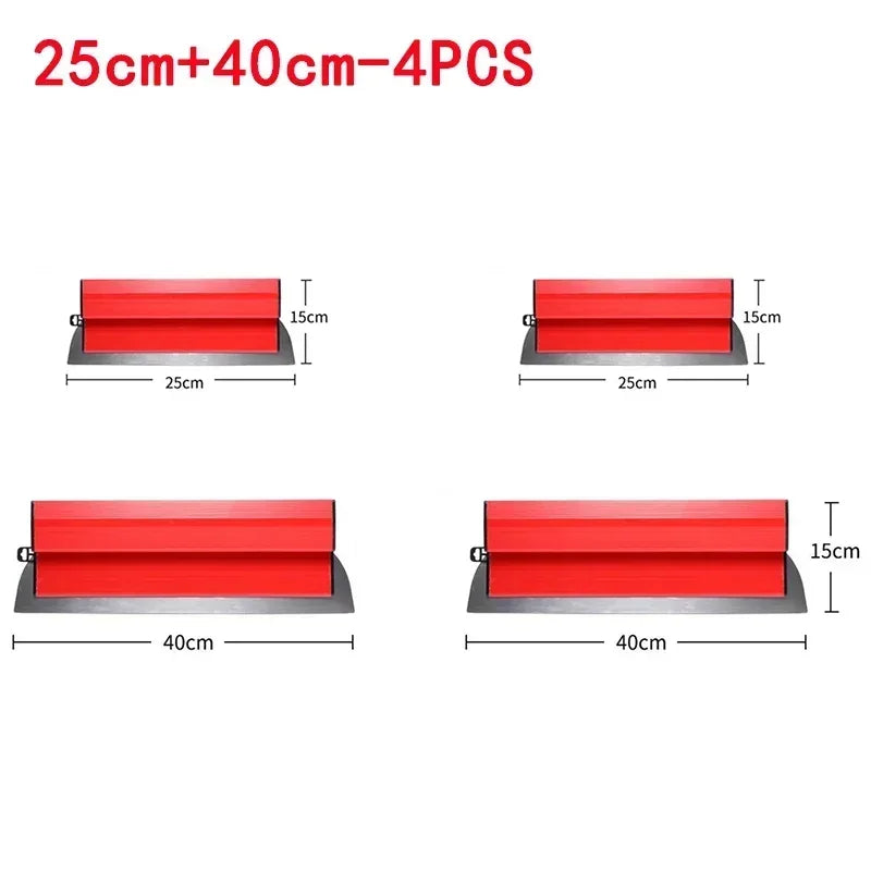 Four pieces of trimming blades, 25cm and 40cm long, with a red blade and stainless steel edge.