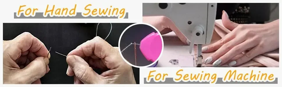 Hands demonstrate using a needle threader set for hand sewing and sewing machine tasks.