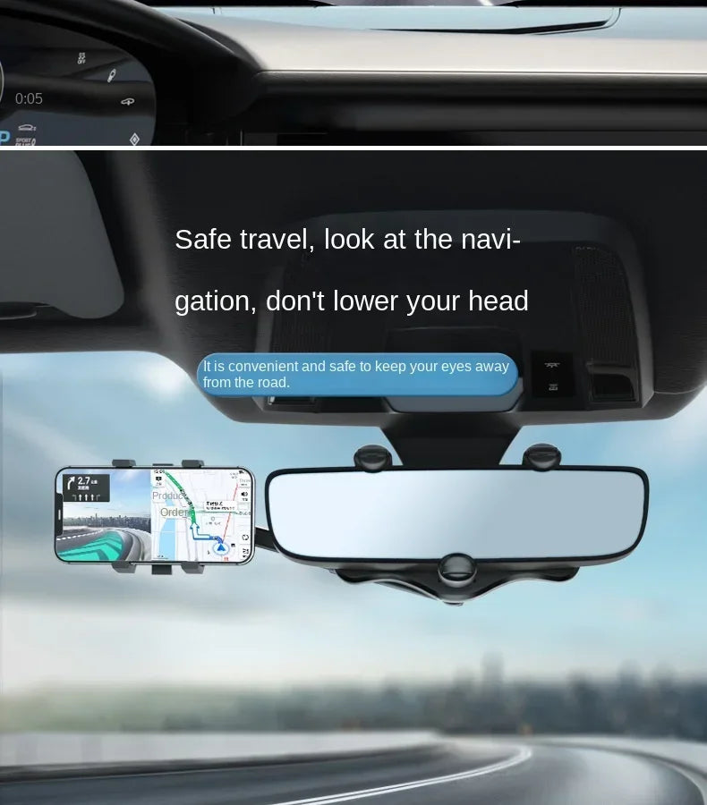 A rearview mirror showing a smartphone mounted on a rotating arm for navigation.