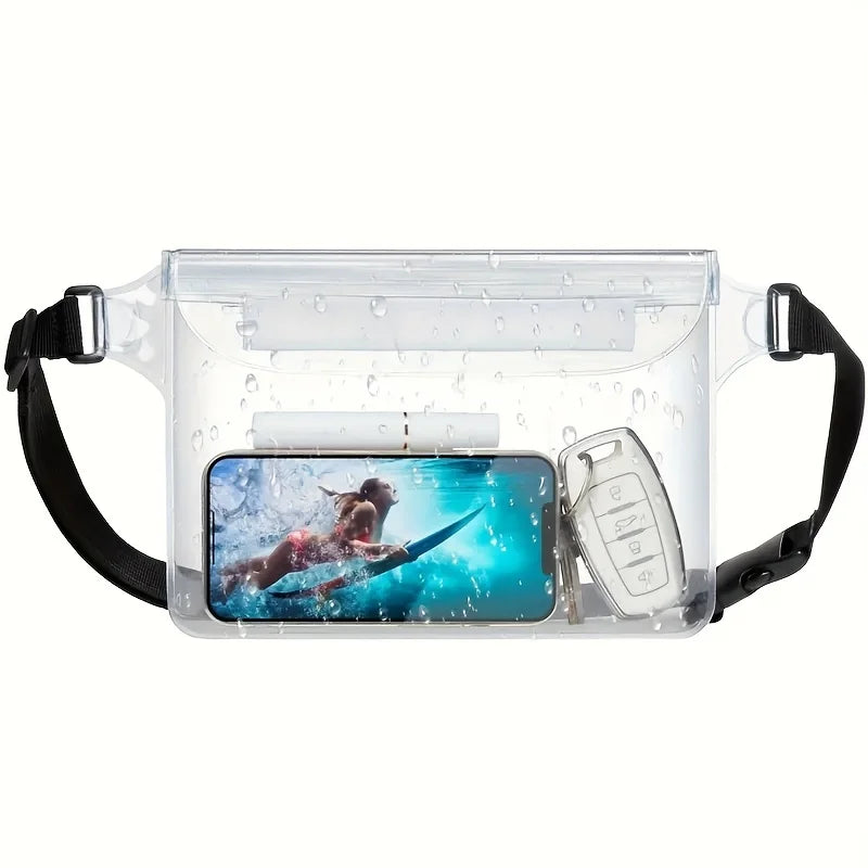 Clear waterproof pouch designed to protect a smartphone for swimming, diving, and outdoor activities.