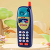 A blue kids learning toy smartphone with a red top, sitting on a light wooden surface.