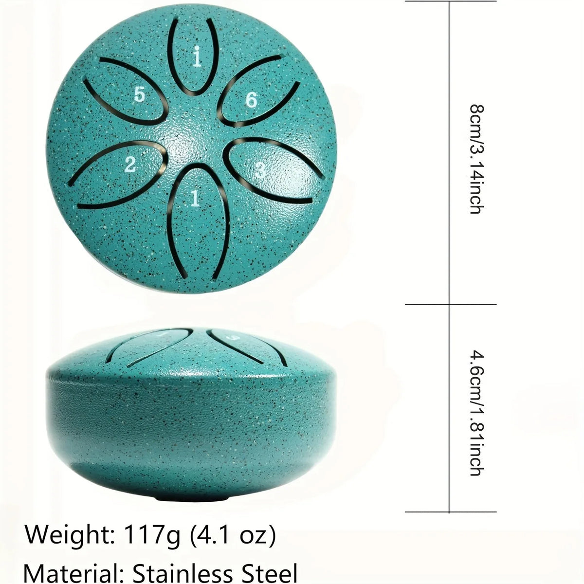 A teal stainless steel tongue drum with six holes and a round body, shown next to its dimensions.