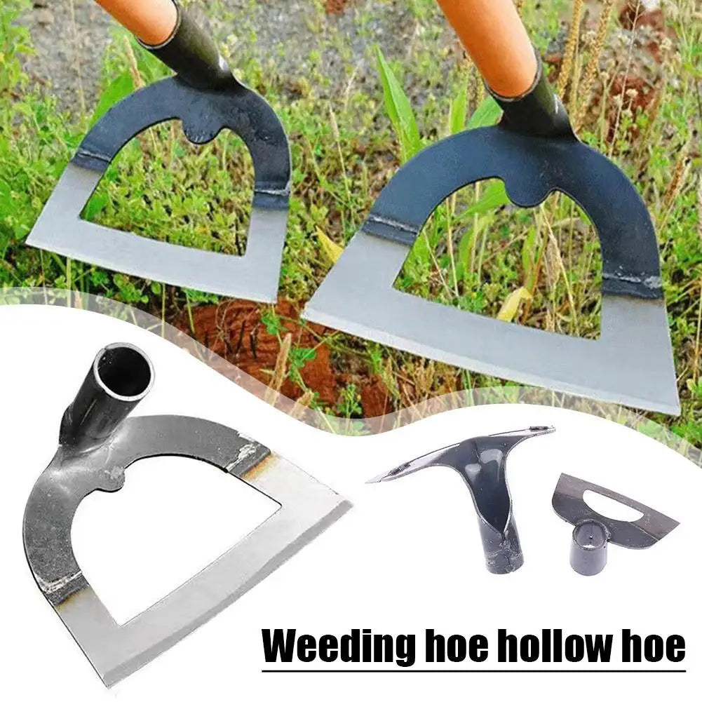 A set of high-carbon steel weeding hoe and hollow hoe tools shown in various angles.