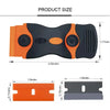 An orange and black razor blade scraper tool shown with its dimensions and components.