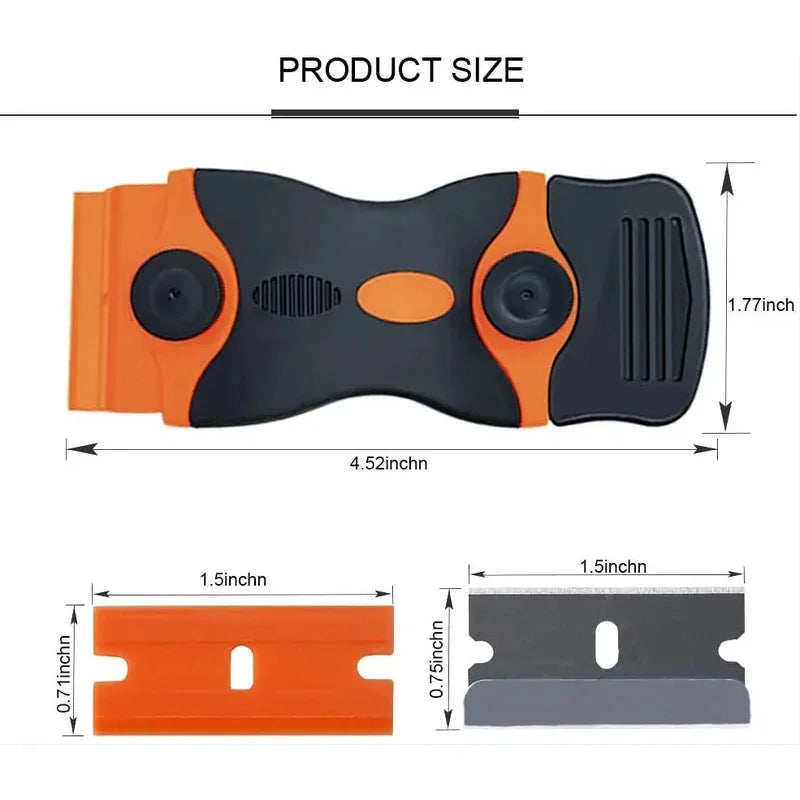 An orange and black razor blade scraper tool shown with its dimensions and components.
