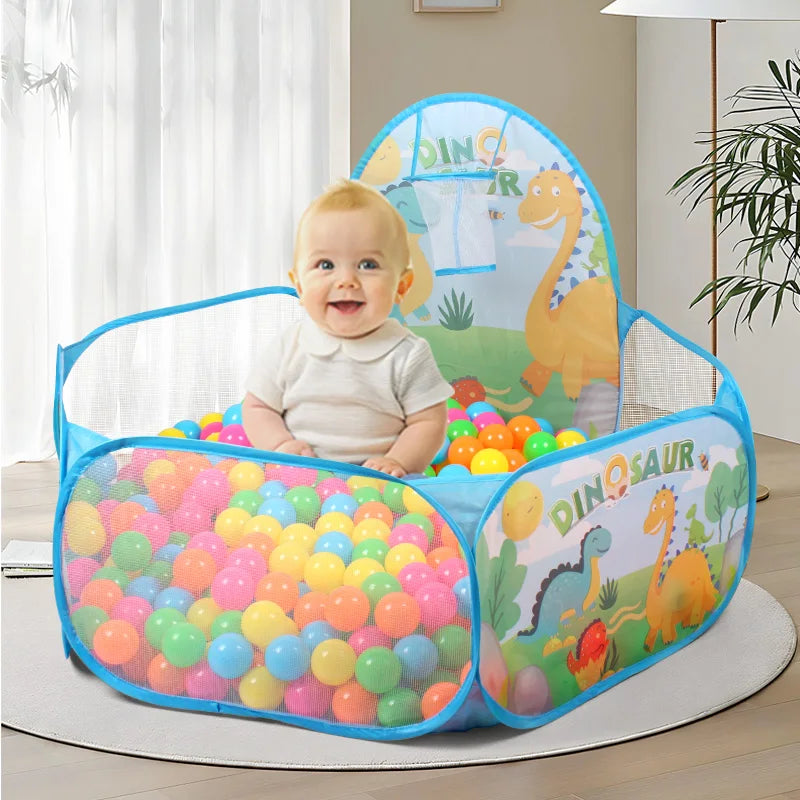 A child sits inside a colorful foldable pop-up play tent shaped like a dinosaur.