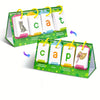 A set of green flash cards for learning consonants and vowels, featuring pictures like a cat and cap.