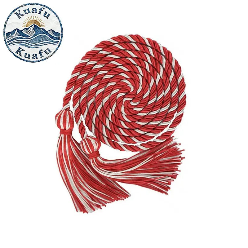 Red and white graduation honor cords with tassels featuring a double fringe trim for ceremonies and crafts.