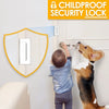 A dog is attempting to open a door secured by a childproof security lock on a white door.