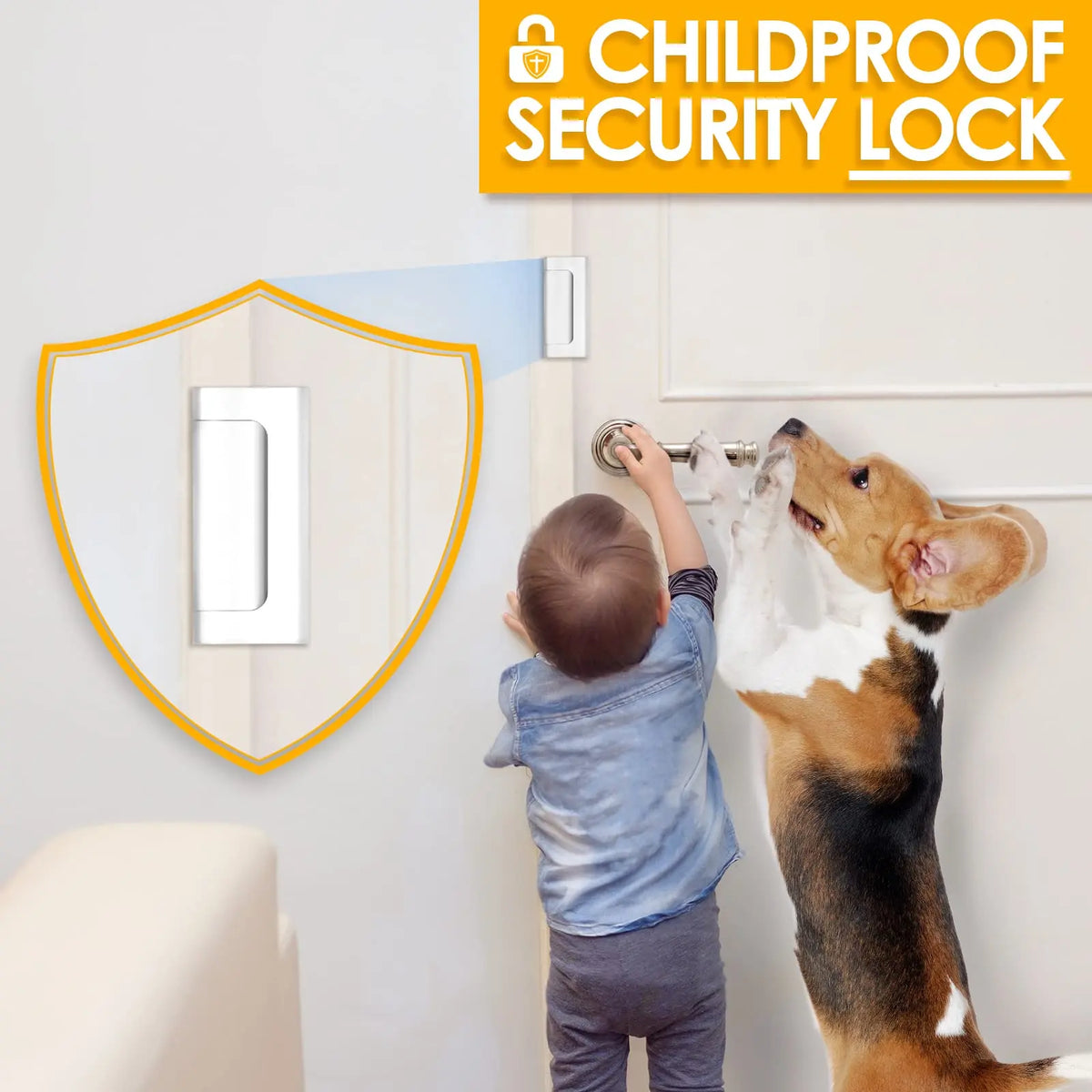 A dog is attempting to open a door secured by a childproof security lock on a white door.