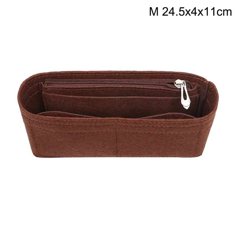 Brown felt bag organizer with a zipper and multiple pockets