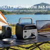 A black portable power station is shown on a wooden table next to a laptop and camera, set outdoors by a lake.