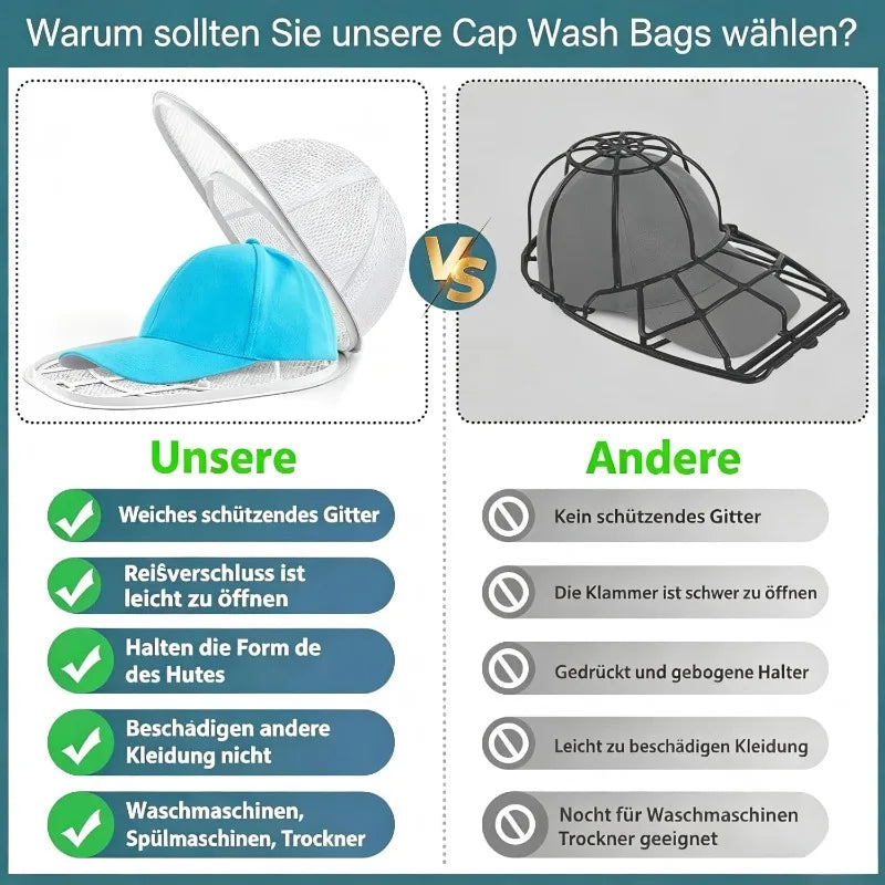 Comparison of a 2-layer hat washing cage and a mesh laundry bag for protecting baseball caps.