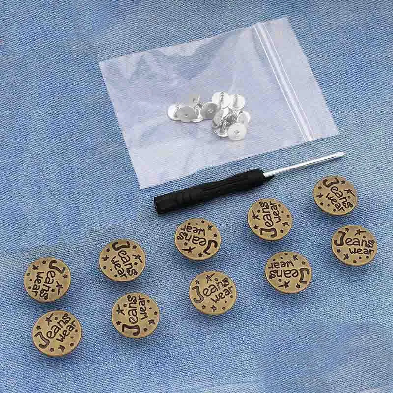 Silver instant no-sew snap button kit for loose jeans displayed on a white pouch.