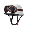 White half helmet with integrated brown goggles and black strap for motorcycle riding