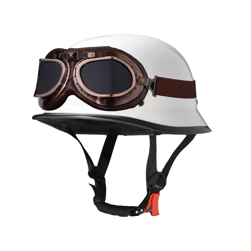 White half helmet with integrated brown goggles and black strap for motorcycle riding