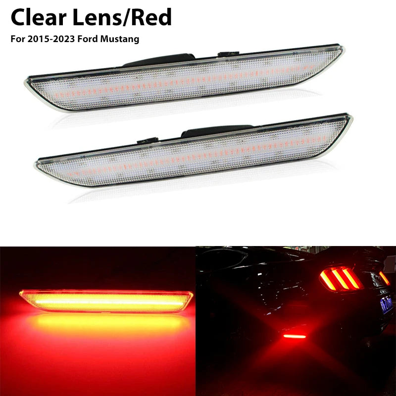 Two clear lens red LED side marker lights for a 2015-2023 Ford Mustang.