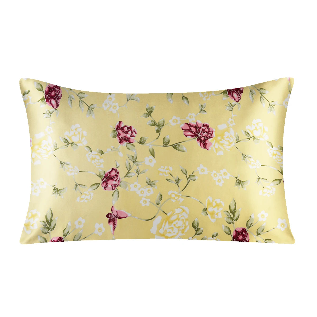 Quadratische Seidenkissenhülle mit gelbem Hintergrund und Blumenmuster aus rosa und weißen Rosen und Grün.