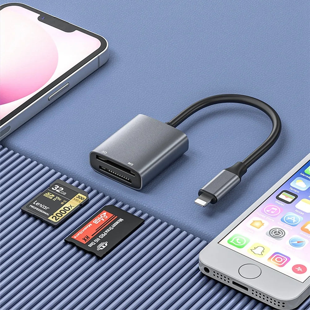 A dual-slot card reader with a Lightning and USB-C connector is shown next to a smartphone and a microSD card.