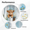 Performance features of a Highland cow shower curtain including unique design, mental grommets, soft fabric, and waterproof m