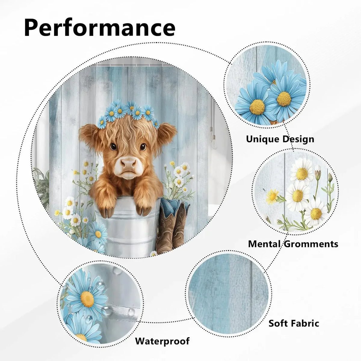 Performance features of a Highland cow shower curtain including unique design, mental grommets, soft fabric, and waterproof m
