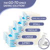 A stack of vacuum storage bags in various sizes, including small, medium, large, and jumbo, with a hand pump included.