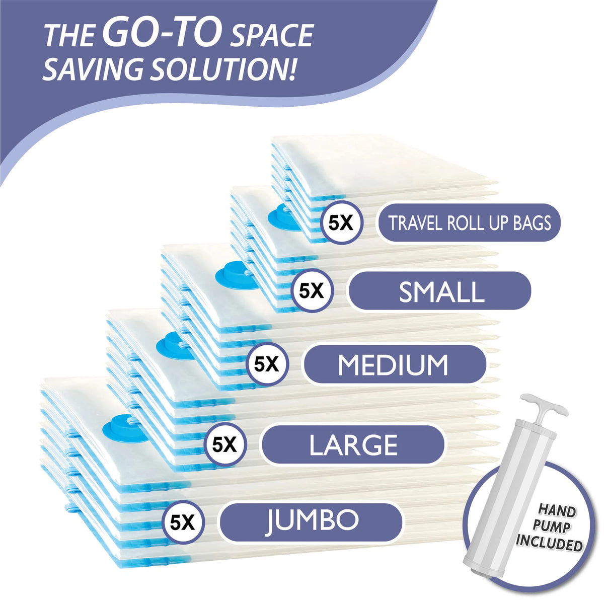 A stack of vacuum storage bags in various sizes, including small, medium, large, and jumbo, with a hand pump included.