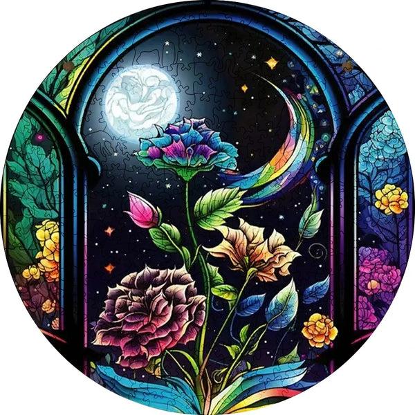 A vibrant stained glass style image featuring a purple and blue flower against a dark background with celestial elements.