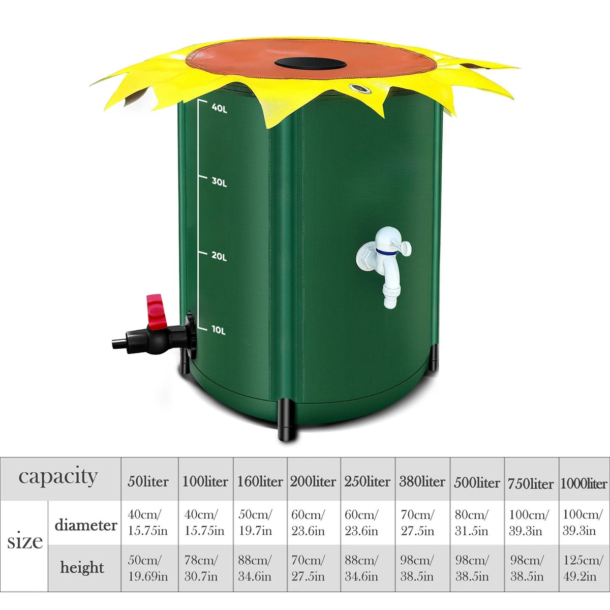 A green collapsible rain barrel with a yellow flower top and a spigot, showing various capacity and size options.