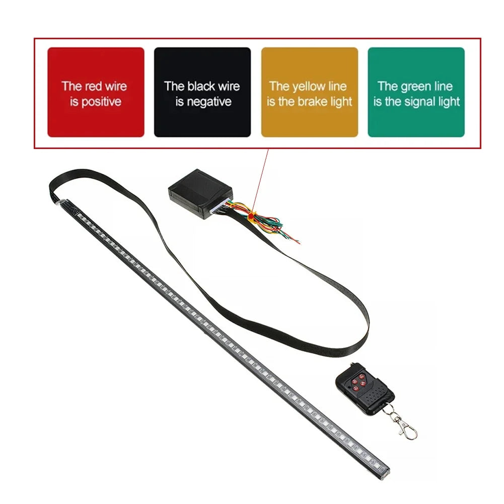 A 22-inch RGB LED car scanner light strip with a remote control and wiring.