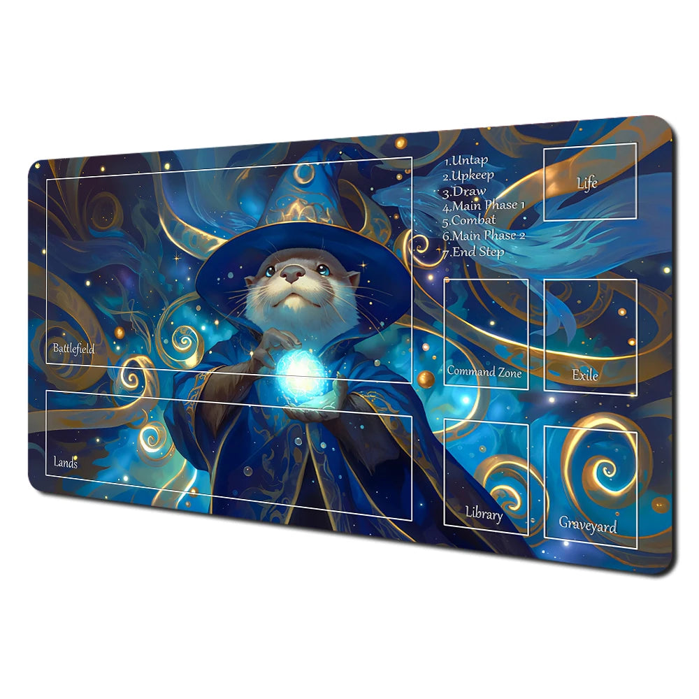 Fantasy card playmat featuring an illustration of a rabbit archer and raccoon in a magical setting.