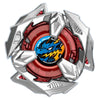 A silver and red precision metal spinning top with a blue dragon design in the center.