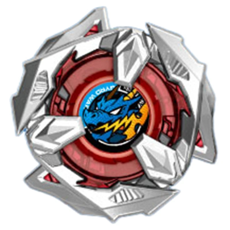 A silver and red precision metal spinning top with a blue dragon design in the center.