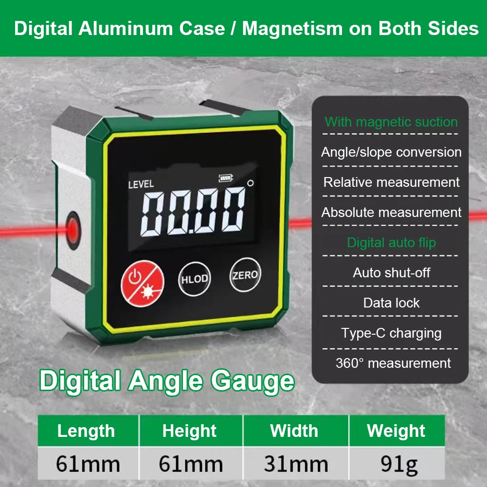 Digital aluminum angle gauge with magnetic suction and LCD display showing 0.00 degrees.