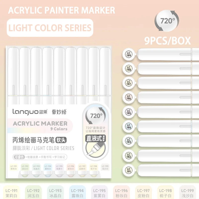 Acrylic paint marker set with 9 colors and fine tips in a box