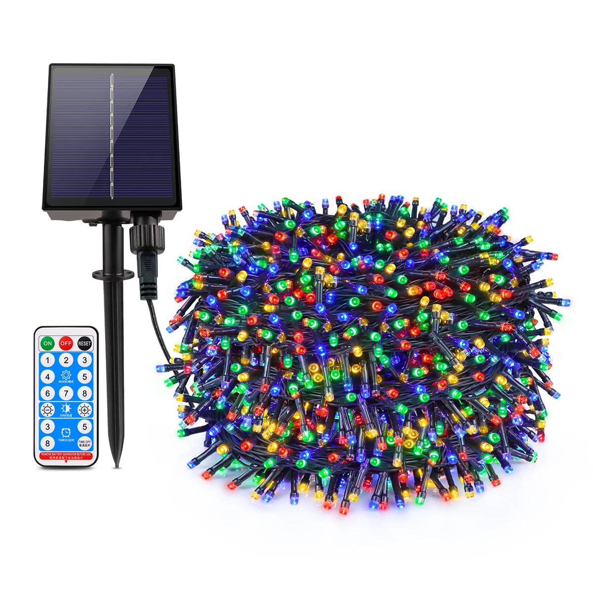 A solar panel connected to a string of colorful LED lights for outdoor decoration.