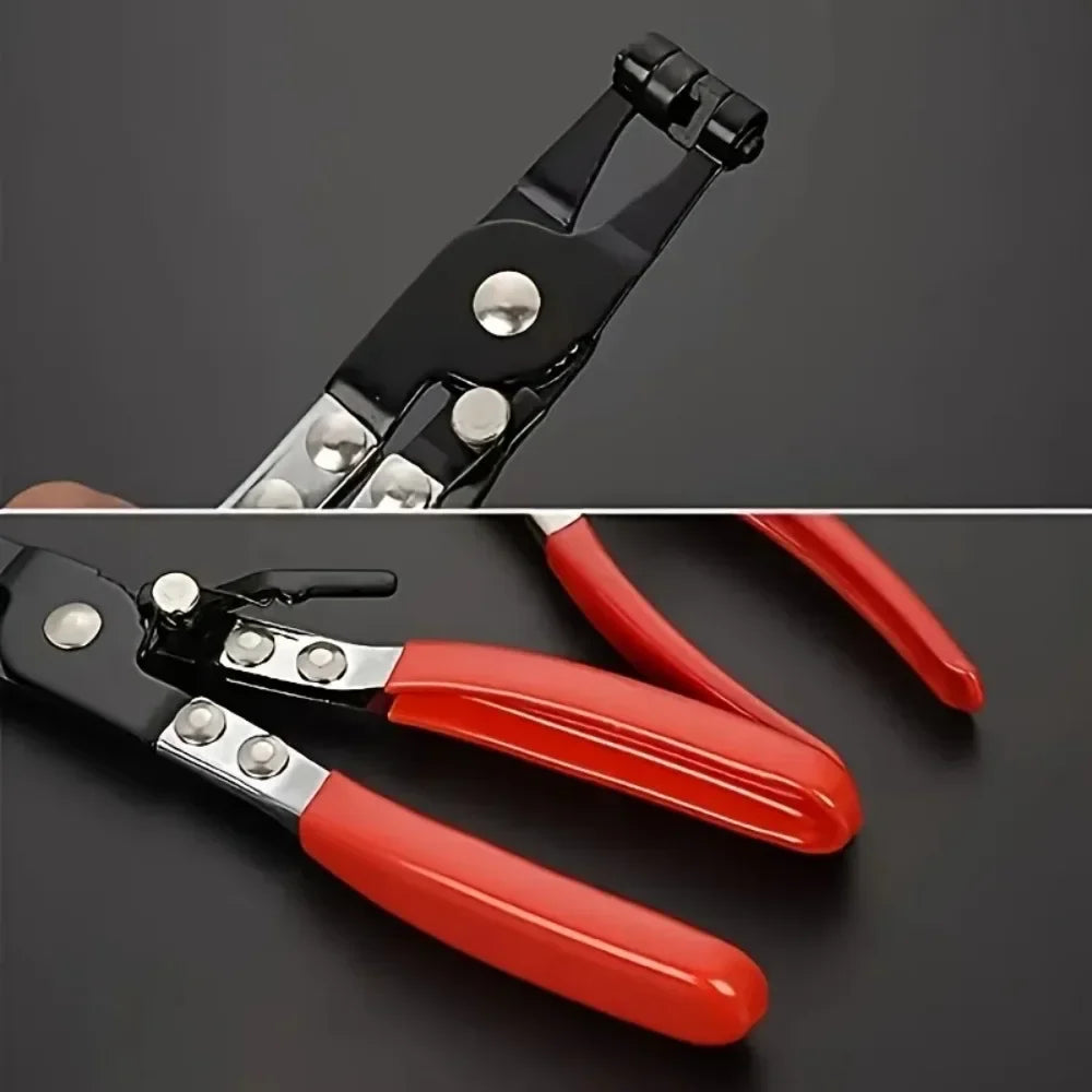 A pair of black and red professional hose clamp pliers shown in a close-up view.