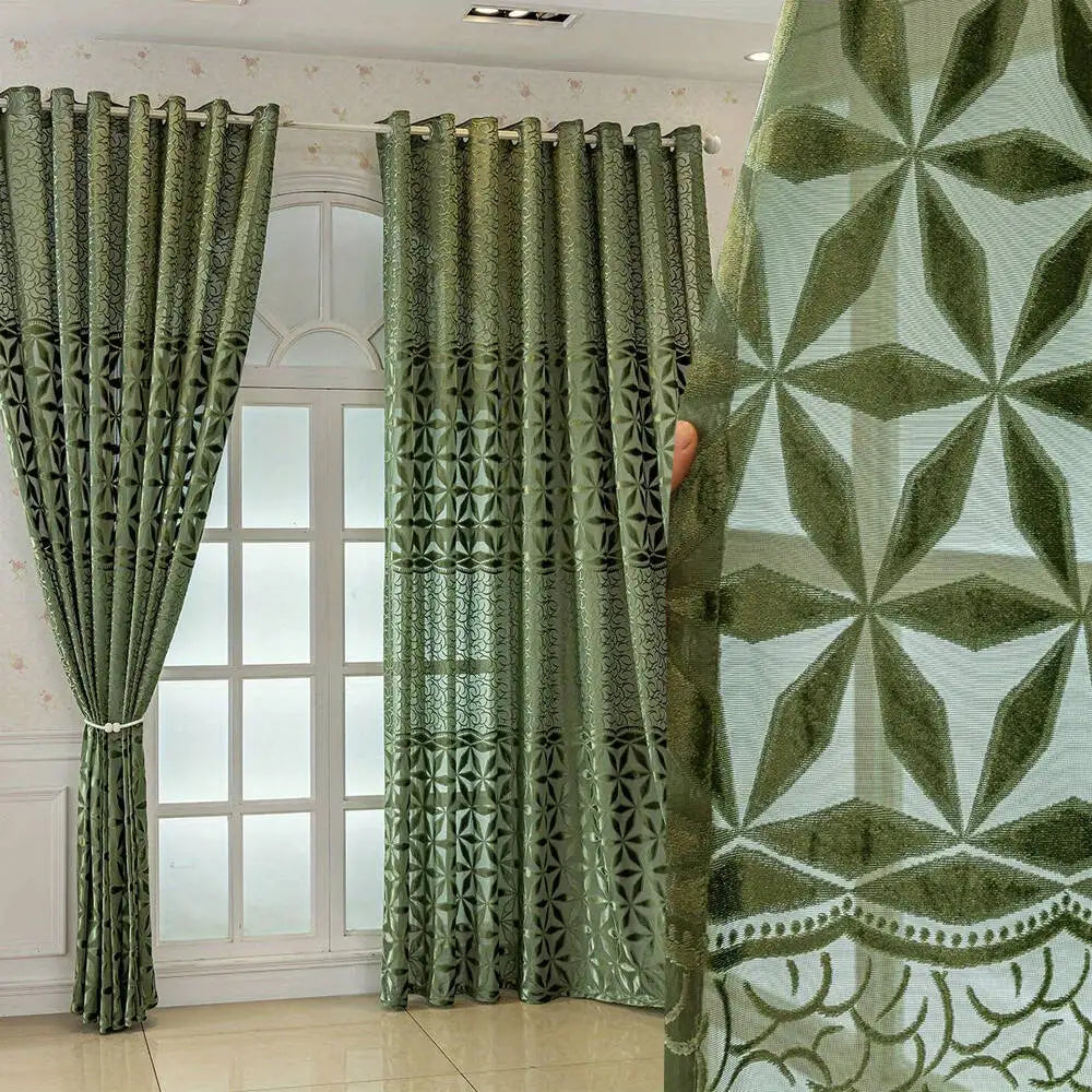 Olive Green Sheer Curtain with Geometric Floral Pattern
