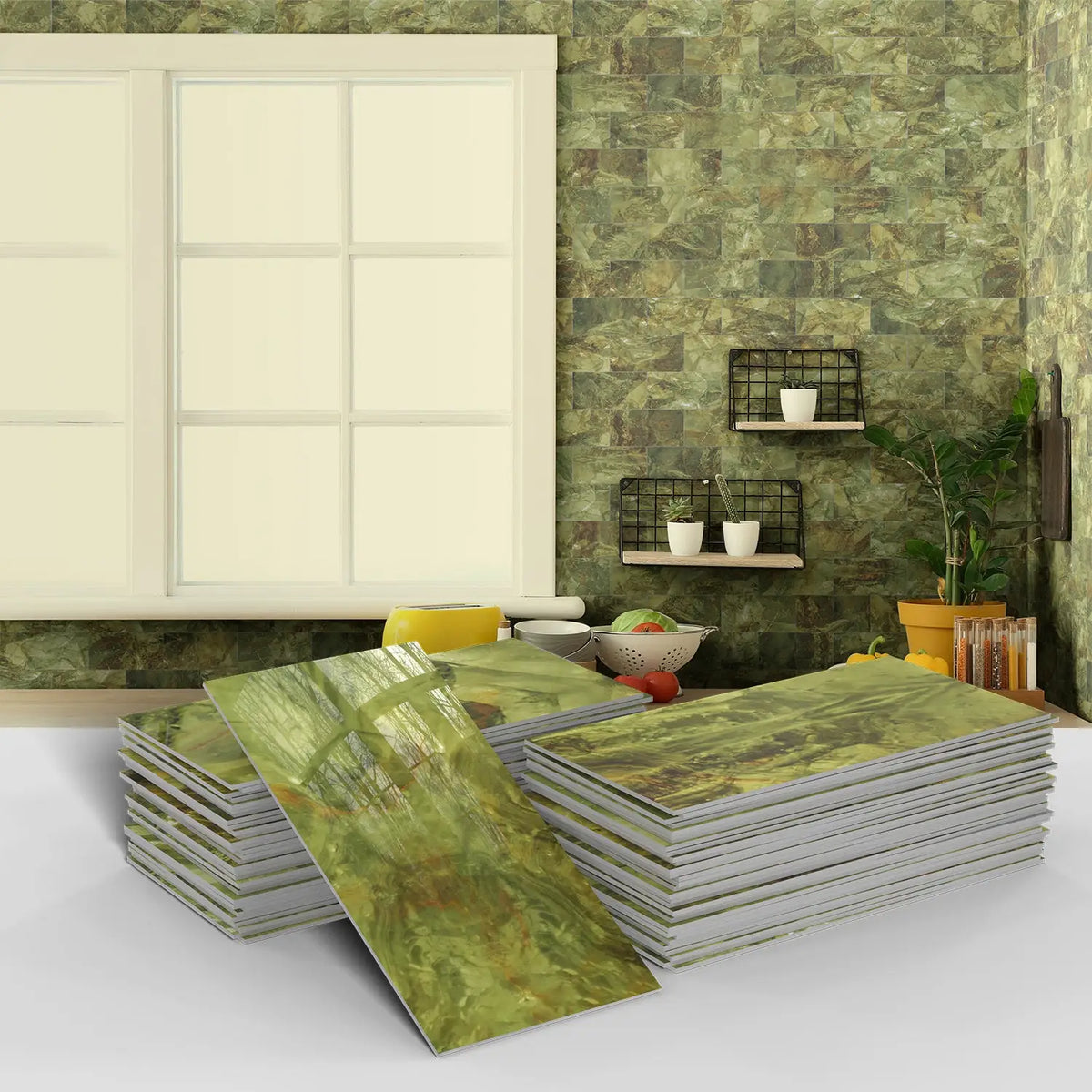 Stacks of marble self-adhesive wall stickers featuring green and gold veining against a textured gray wall.