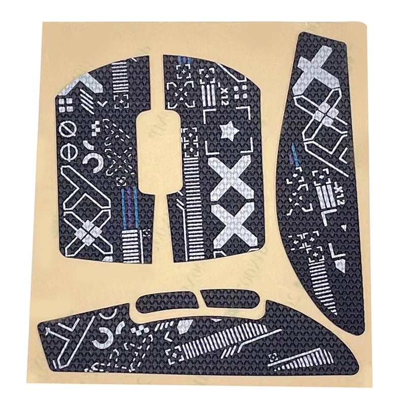 A set of black anti-slip mouse grip tape decals shaped like a mouse and a mouse pad.