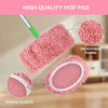 Close-up view of a pink microfiber mop pad showing its texture and strong elastic for cleaning.