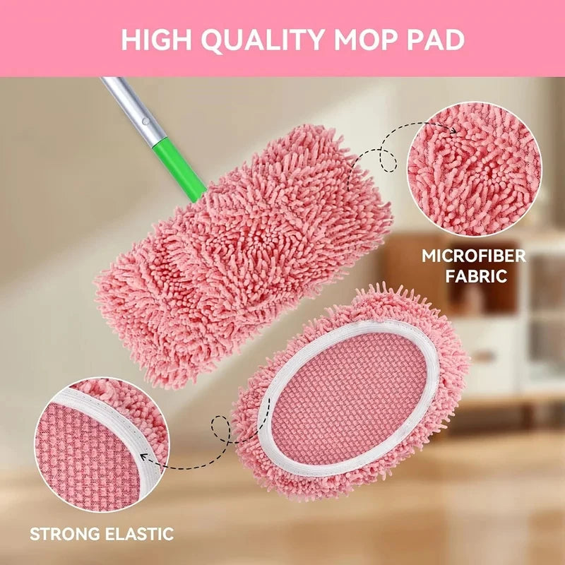 Close-up view of a pink microfiber mop pad showing its texture and strong elastic for cleaning.