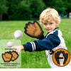 A blonde child is shown holding a large, open hand and a waterproof paddle, with soft balls and storage bags visible.