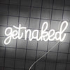 A white neon sign spelling out getnaked is suspended against a dark grid background.