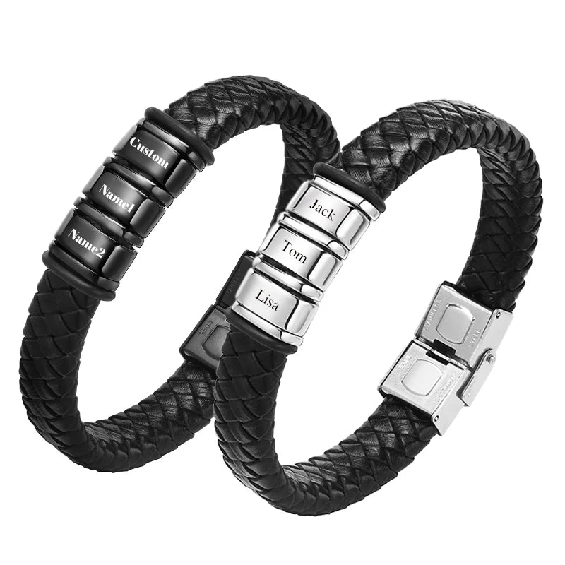 Personalized Leather & Stainless Steel Name Bracelet