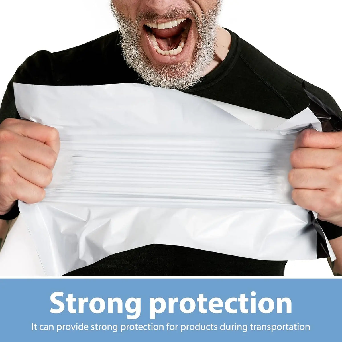 A man holds a stack of white poly mailers with self-adhesive seals against his black shirt, demonstrating strong protection f