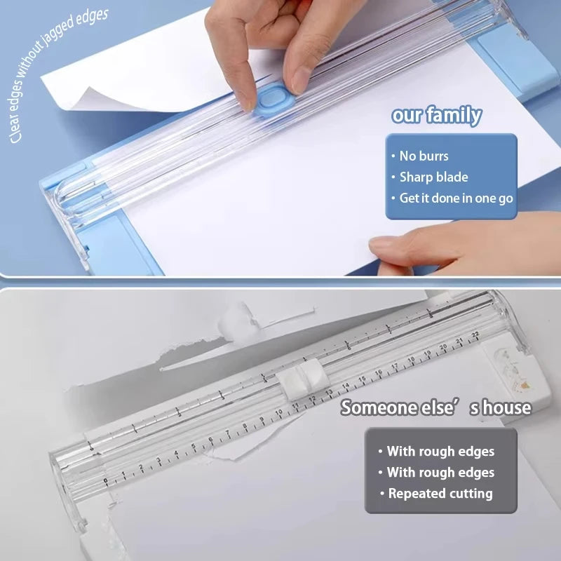 A hand is using an A4 mini paper trimmer with a sharp blade to cut paper, demonstrating its clear edges and ease of use.