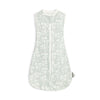 A light green breathable cotton baby sleep sack with a zipper and delicate leaf pattern.