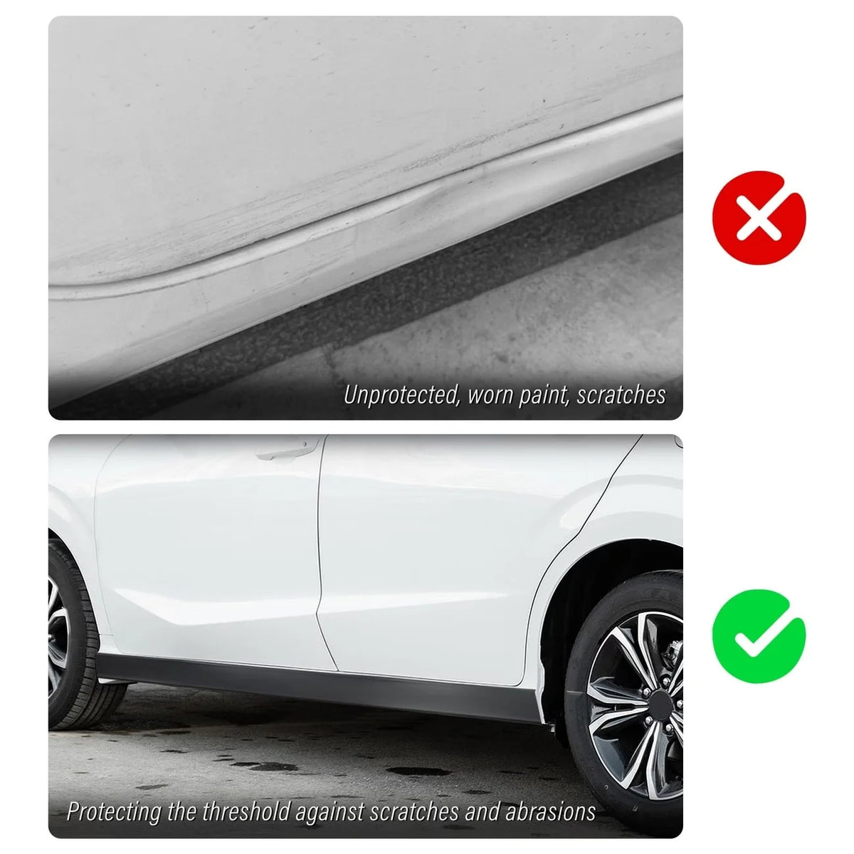 Image showing a white car side skirt and door edge protected by a self-adhesive PVC strip against scratches and abrasions.