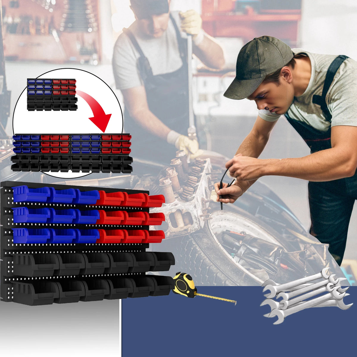 A man is assembling a wall-mounted storage bin system with plastic bins and tools.